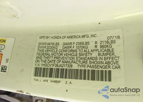 2018 Honda Accord Sport из США, поврежденный, VIN 1HGCV1F36JA217328